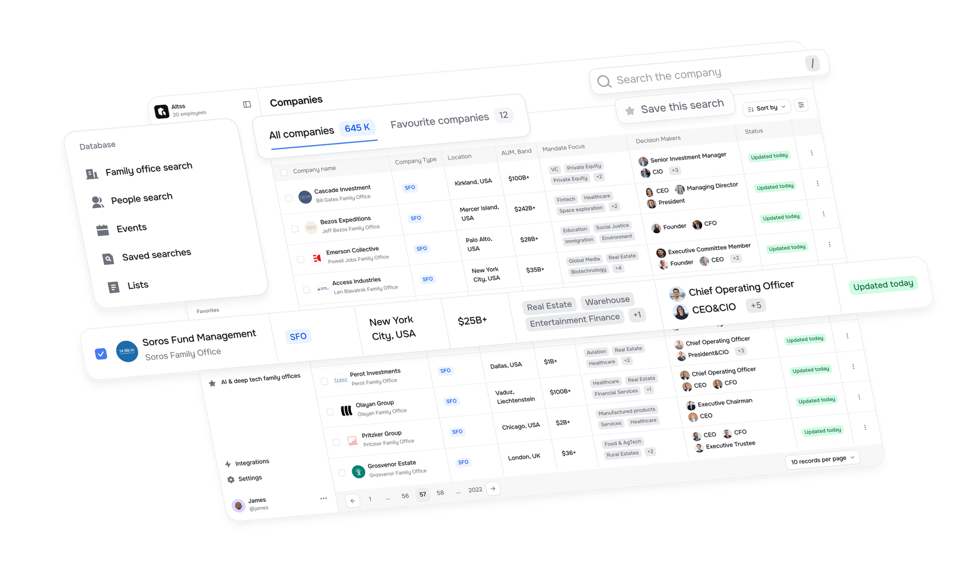 Altss OSINT-native allocator-intelligence platform showing family office and institutional LP data with a built-in CRM, AI outreach, a research copilot, and a relationship graph