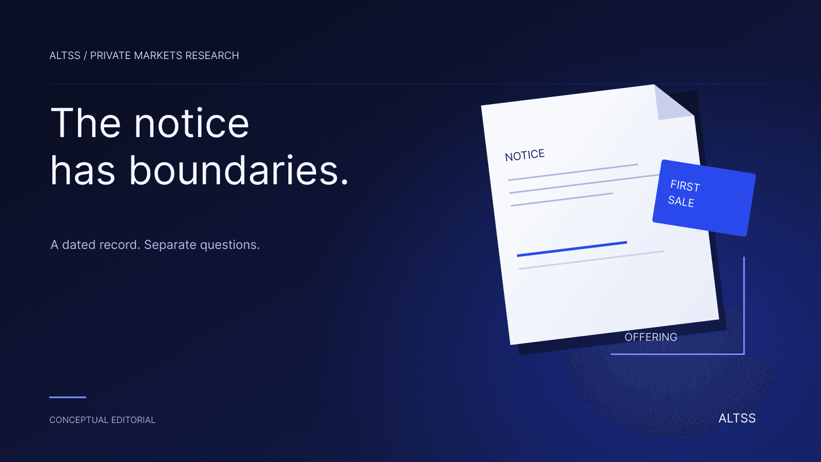 Abstract pearl notice sheet with a detached cobalt first-sale tab and open offering outline on a navy field.