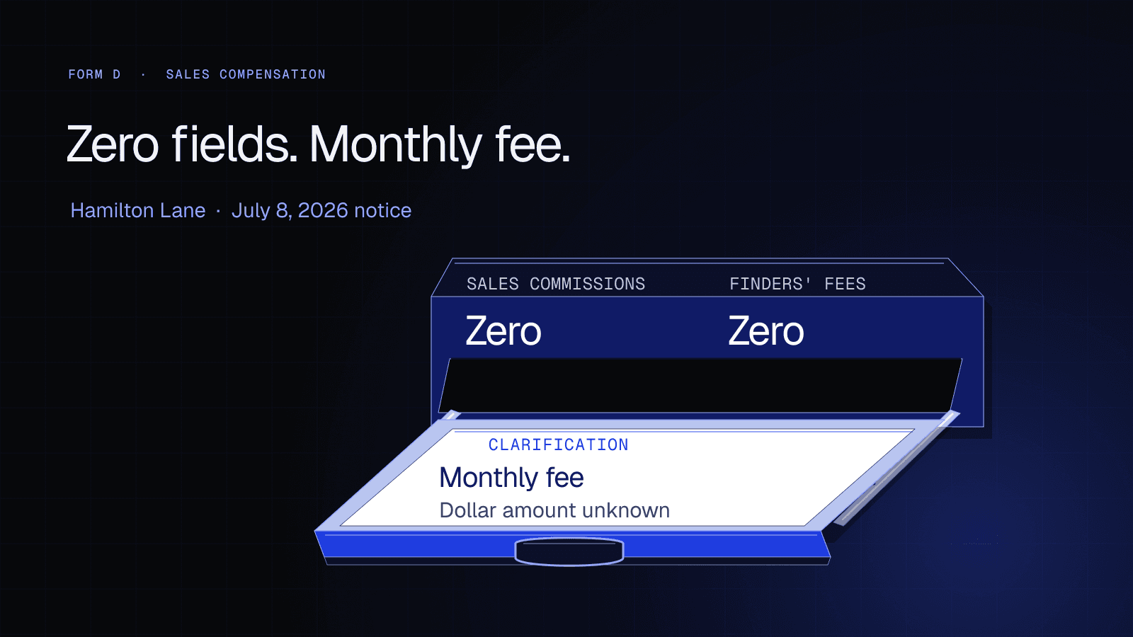 A disclosure drawer separates zero reported commissions and finders’ fees from Hamilton Lane’s monthly service-fee clarification.