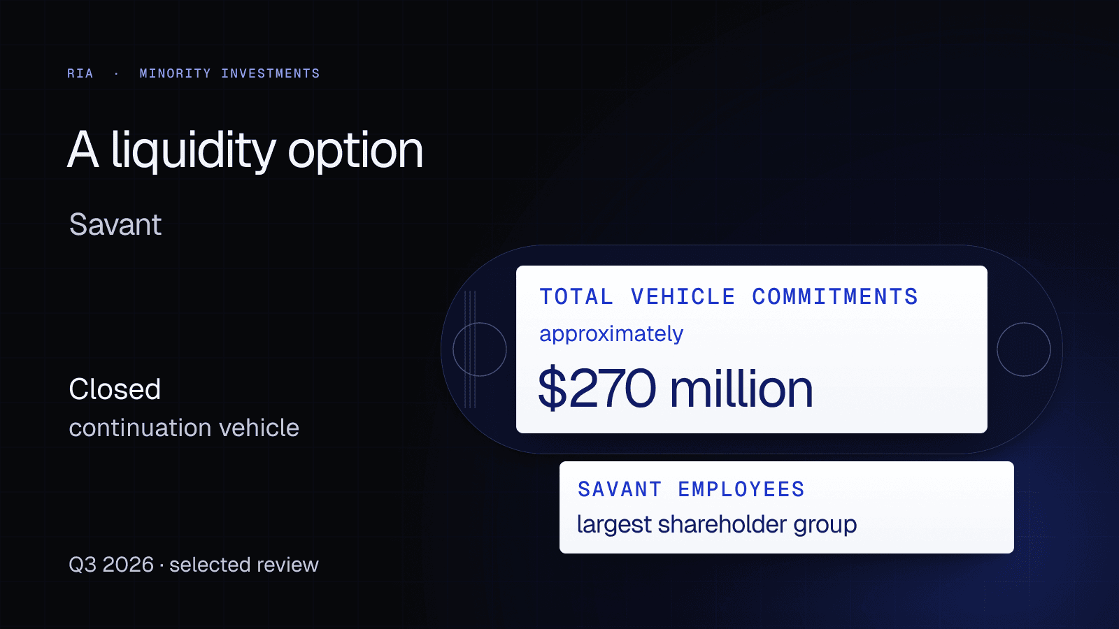 A transparent liquidity sleeve separates Savant vehicle commitments from the employee shareholder group.