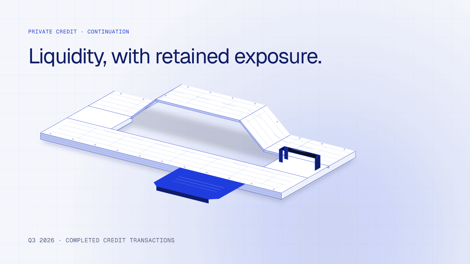 A folded loan register remains intact as a cobalt investor-interest ticket slides outward beneath an open retention keeper, illustrating liquidity with continuing credit exposure.